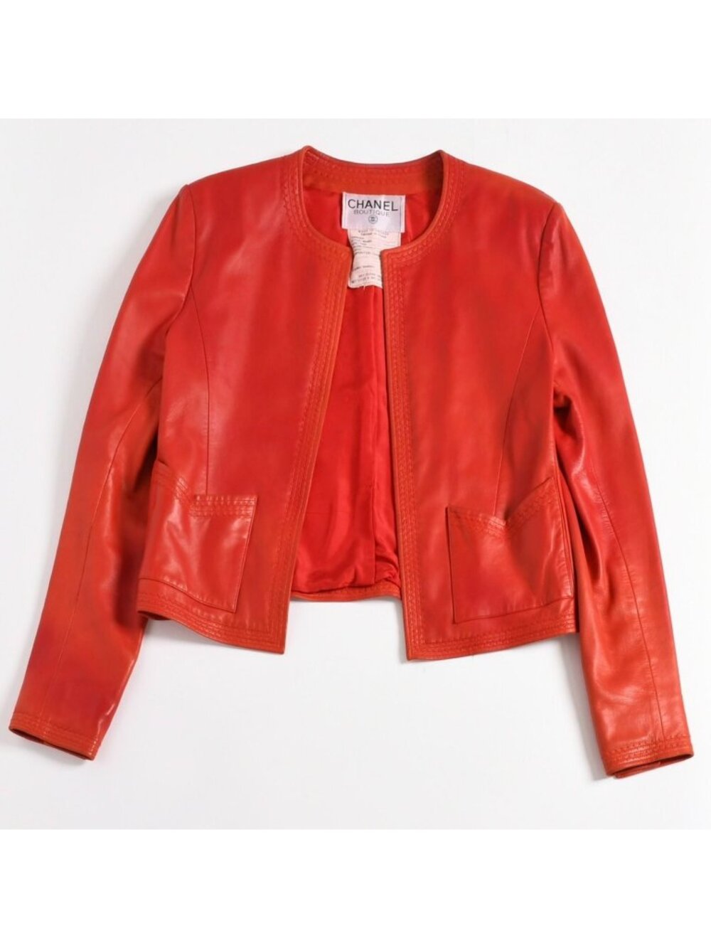 Chanel Vintage Collarless Jacket CC Logo Leather Silk
